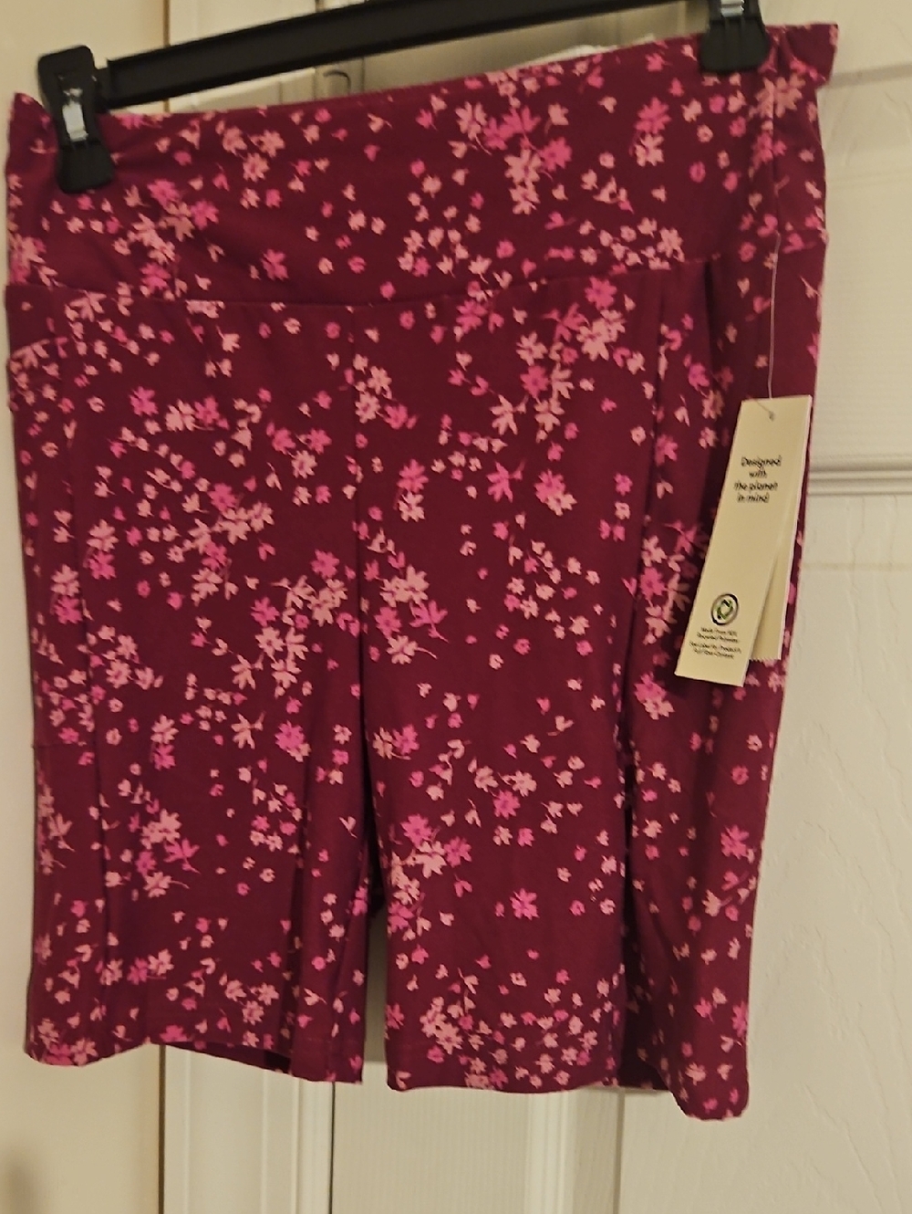 No Boundaries Burgundy Floral Midi Bike short with one pocket &with Pink Accents